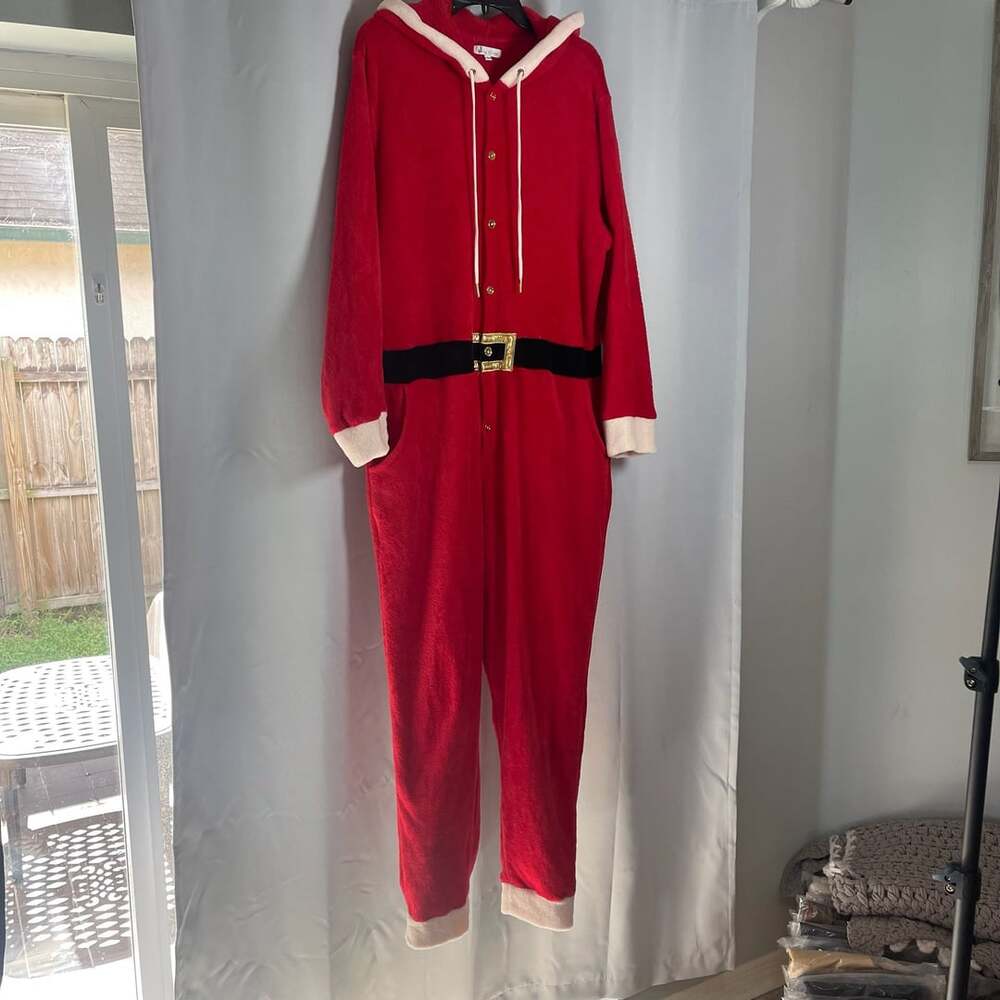 Jolly Knits Santa Claus Hooded costume Pajama Size XL Red Fleece Romper